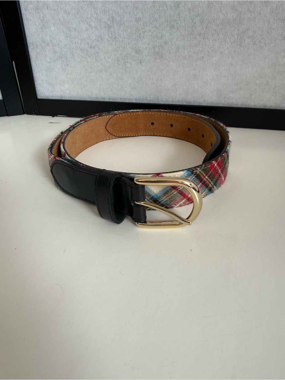 L.L.Bean Stewart Tartan Plaid with Black Leather Club Belt Medium USA Made